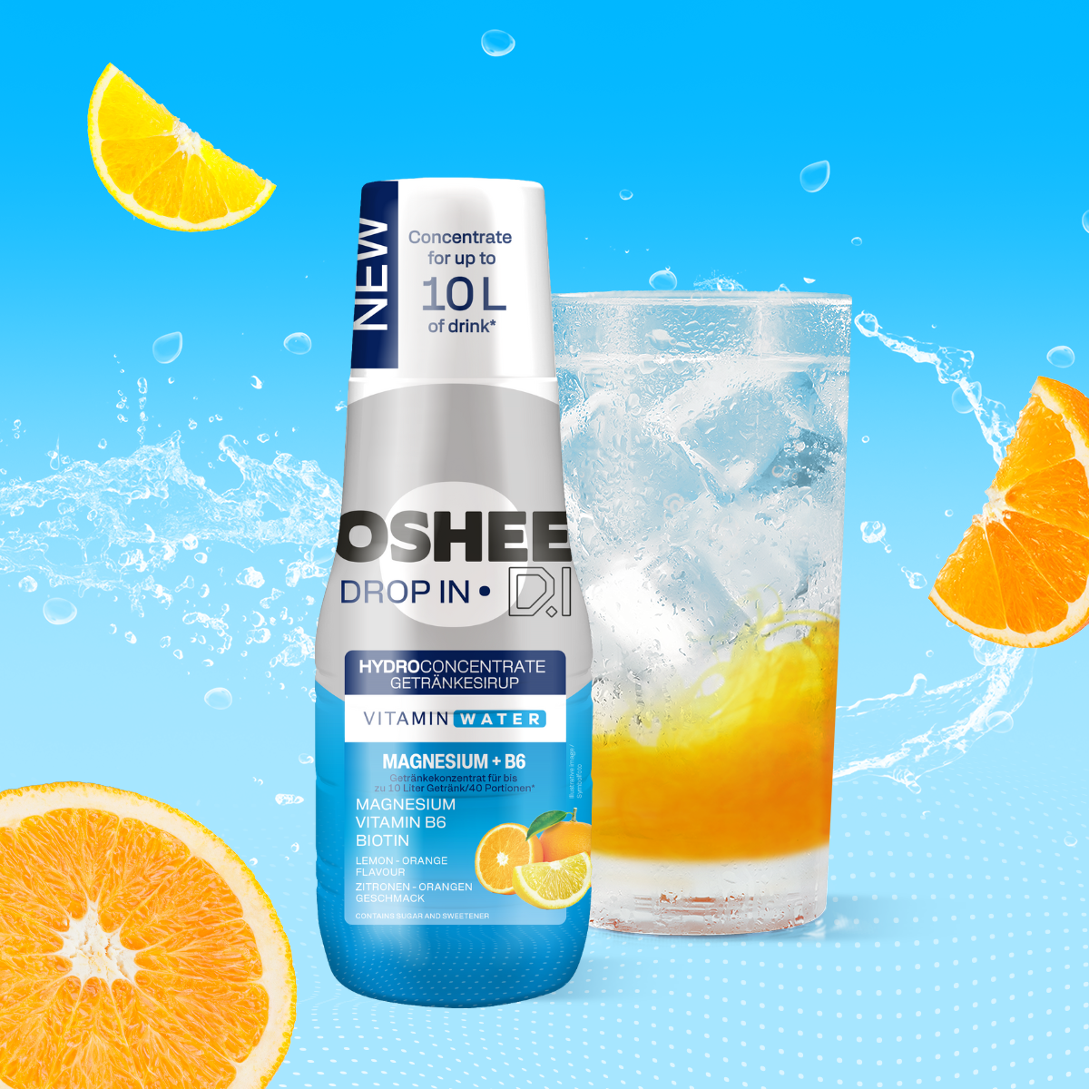 Getränkesirup OSHEE DROP IN Zitrone-Orange – Vitamine und Magnesium – 500 ml + Plastik-Trinkflasche 750 ml Tritan