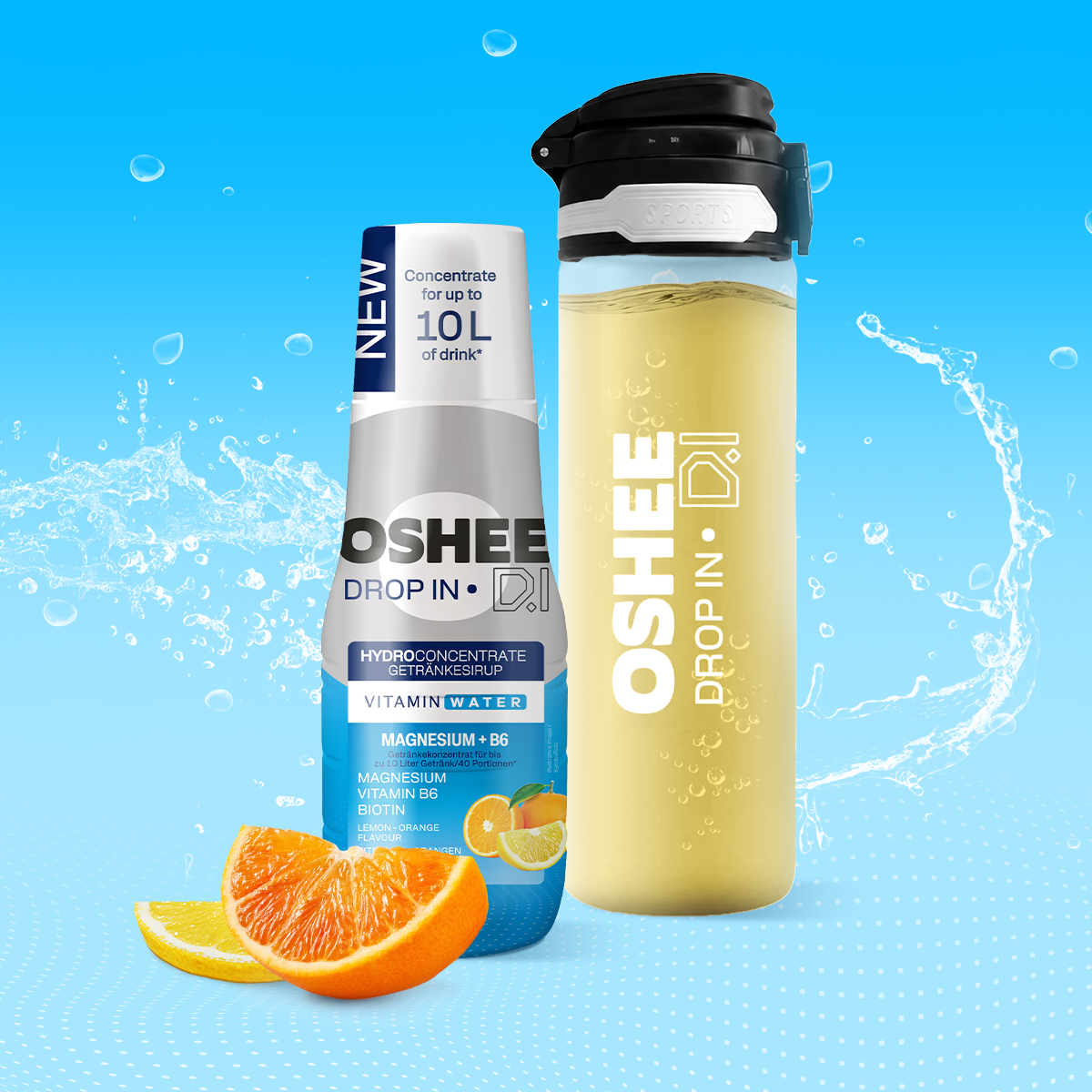 Getränkesirup OSHEE DROP IN Zitrone-Orange – Vitamine und Magnesium – 500 ml + TRANSPARENTE 650-ML-FLASCHE AUS ROBUSTEM TRITAN