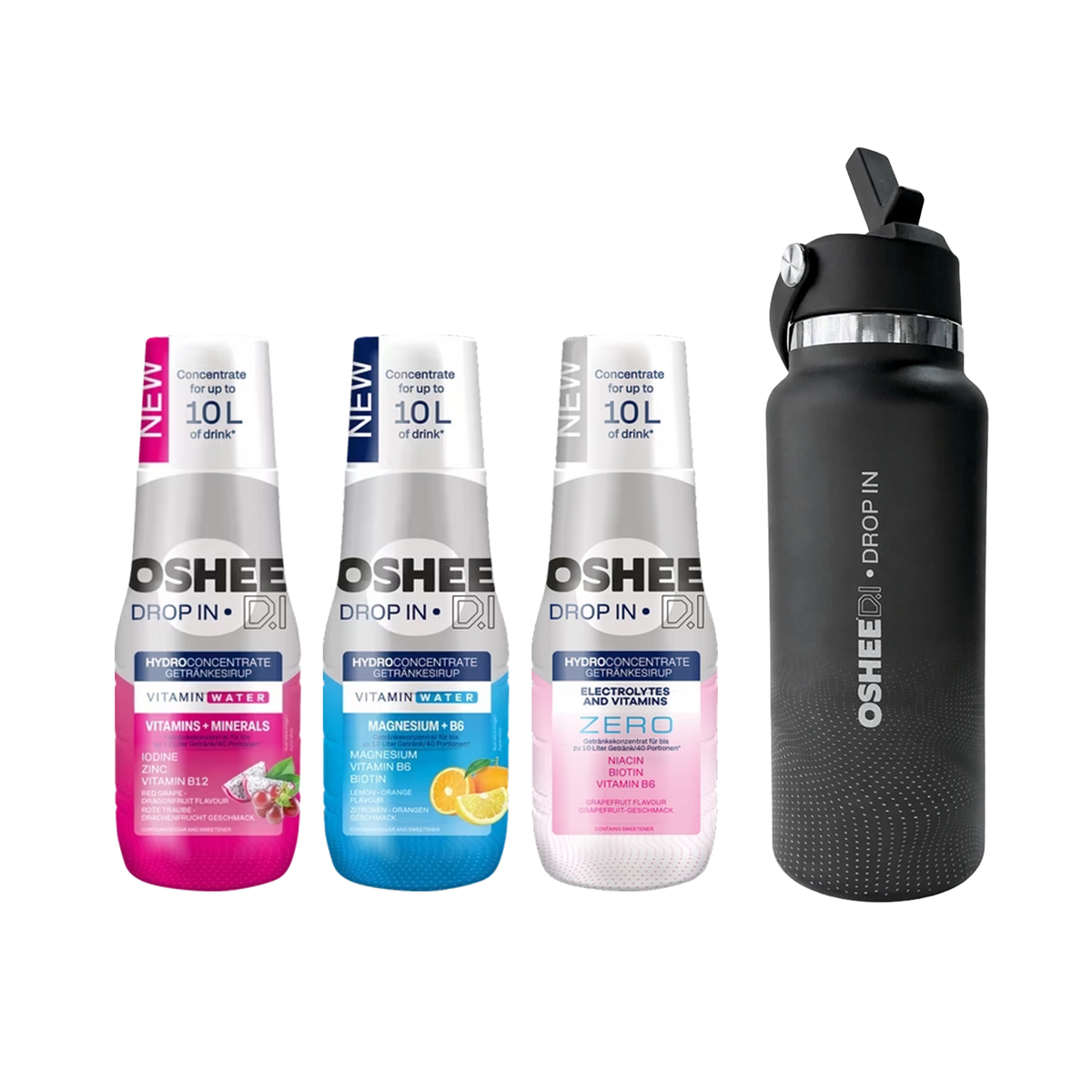 3 x Getränkesirup-Mix in verschiedenen Geschmacksrichtungen + flasche HYDRAGO schwarz 946 ml