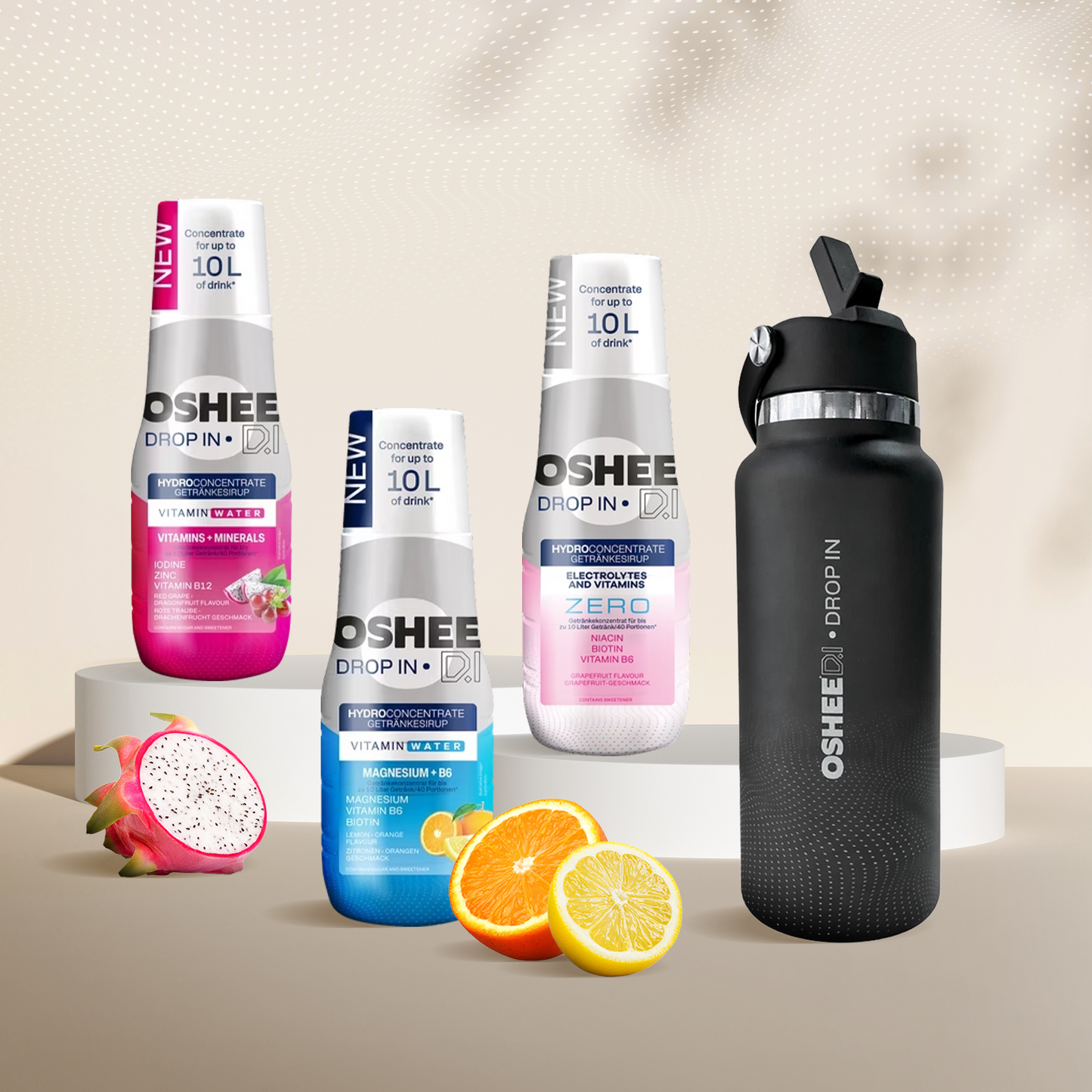3 x Getränkesirup-Mix in verschiedenen Geschmacksrichtungen + flasche HYDRAGO schwarz 946 ml