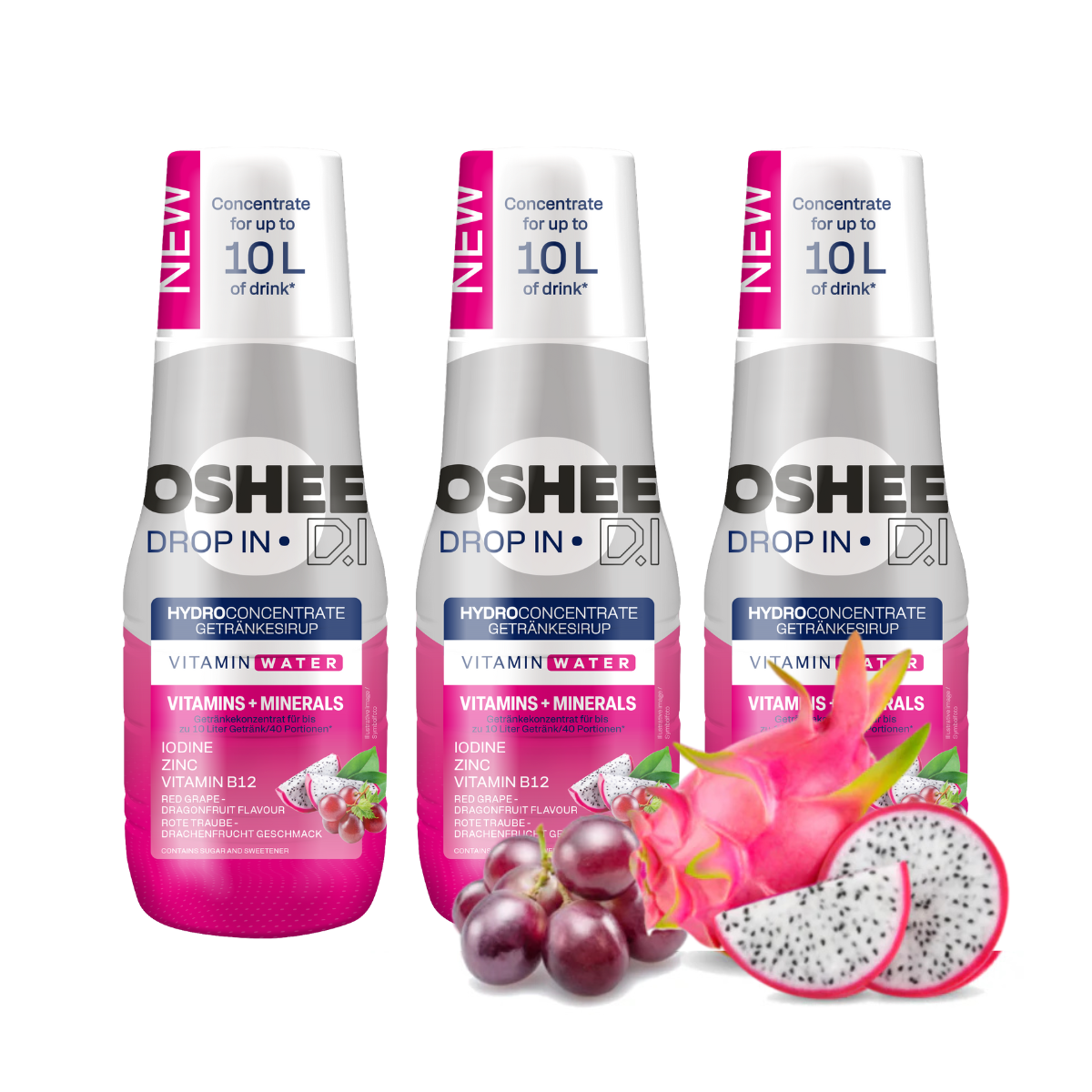 3 x Getränkesirup OSHEE DROP IN Rote Traube-Drachenfrucht – Vitamine und Mineralstoffe – 500 ml