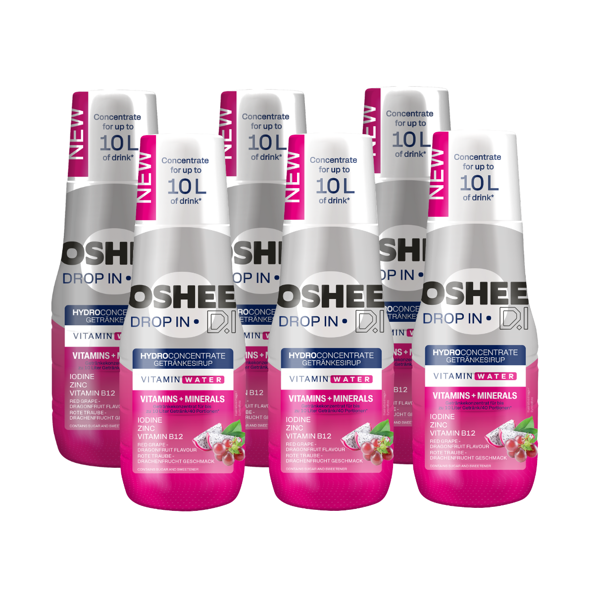 6 x OSHEE DROP IN Beverage Syrup Red Grape Dragon Fruit – Vitamins and Minerals – 500 ml
