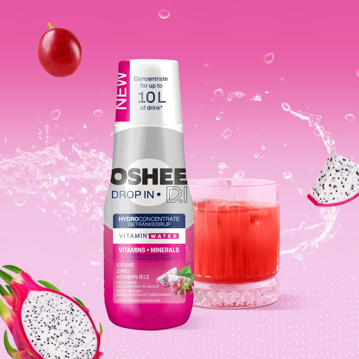 6 x Getränkesirup OSHEE DROP IN Rote Traube-Drachenfrucht – Vitamine und Mineralstoffe – 500 ml