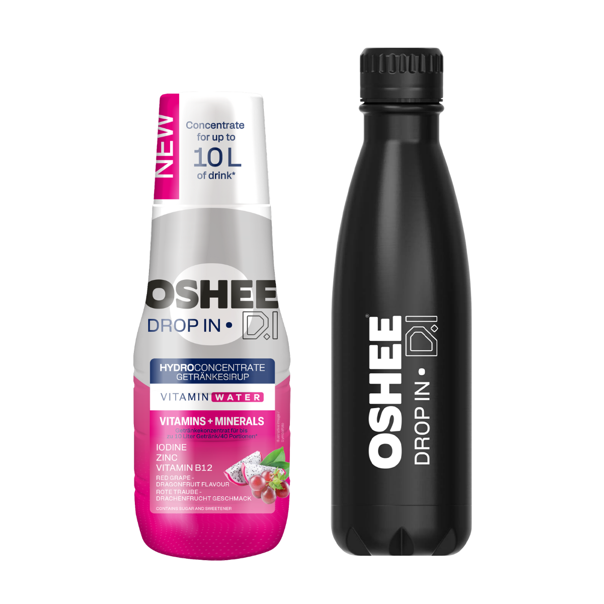 OSHEE DROP IN Red Grape Dragon Fruit Drink Syrup – Vitamins and Minerals – 500 ml + Stainless Steel Thermos Bottle, Black, 500 ml