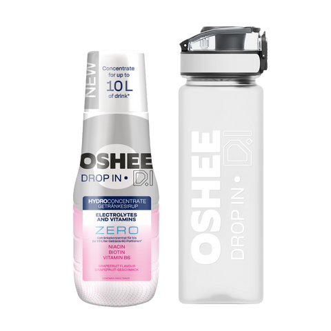 Getränkesirup OSHEE DROP IN ZERO – Grapefruit – Elektrolyte und Vitamine – 500 ml + Plastik-Trinkflasche 750 ml Tritan