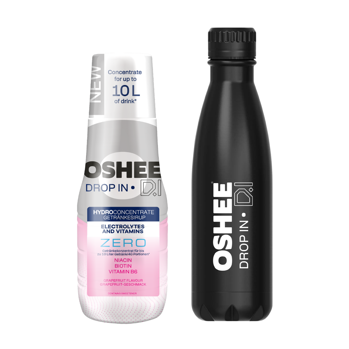 OSHEE DROP IN ZERO Grapefruit Drink Syrup – Electrolytes and Vitamins – 500 ml + Stainless Steel Thermos Bottle, Black, 500 ml