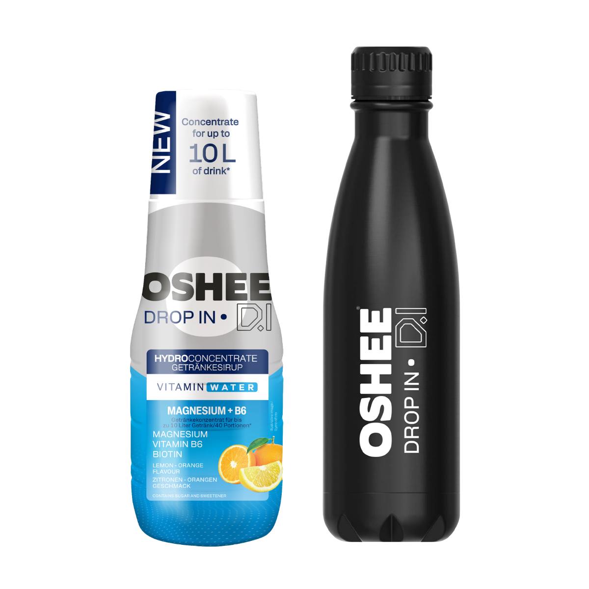 OSHEE DROP IN Lemon-Orange Drinking Syrup – Vitamins and Magnesium – 500 ml + Stainless Steel Thermos Bottle, Black, 500 ml