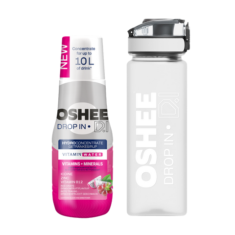 Getränkesirup OSHEE DROP IN Rote Traube-Drachenfrucht – Vitamine und Mineralstoffe – 500 ml + Plastik-Trinkflasche 750 ml Tritan