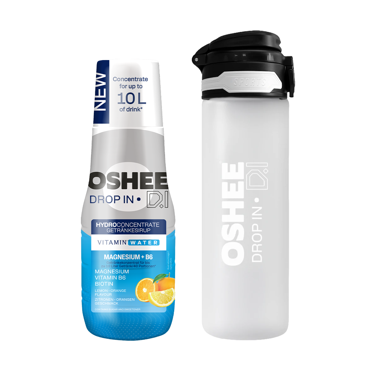 Getränkesirup OSHEE DROP IN Zitrone-Orange – Vitamine und Magnesium – 500 ml + TRANSPARENTE 650-ML-FLASCHE AUS ROBUSTEM TRITAN