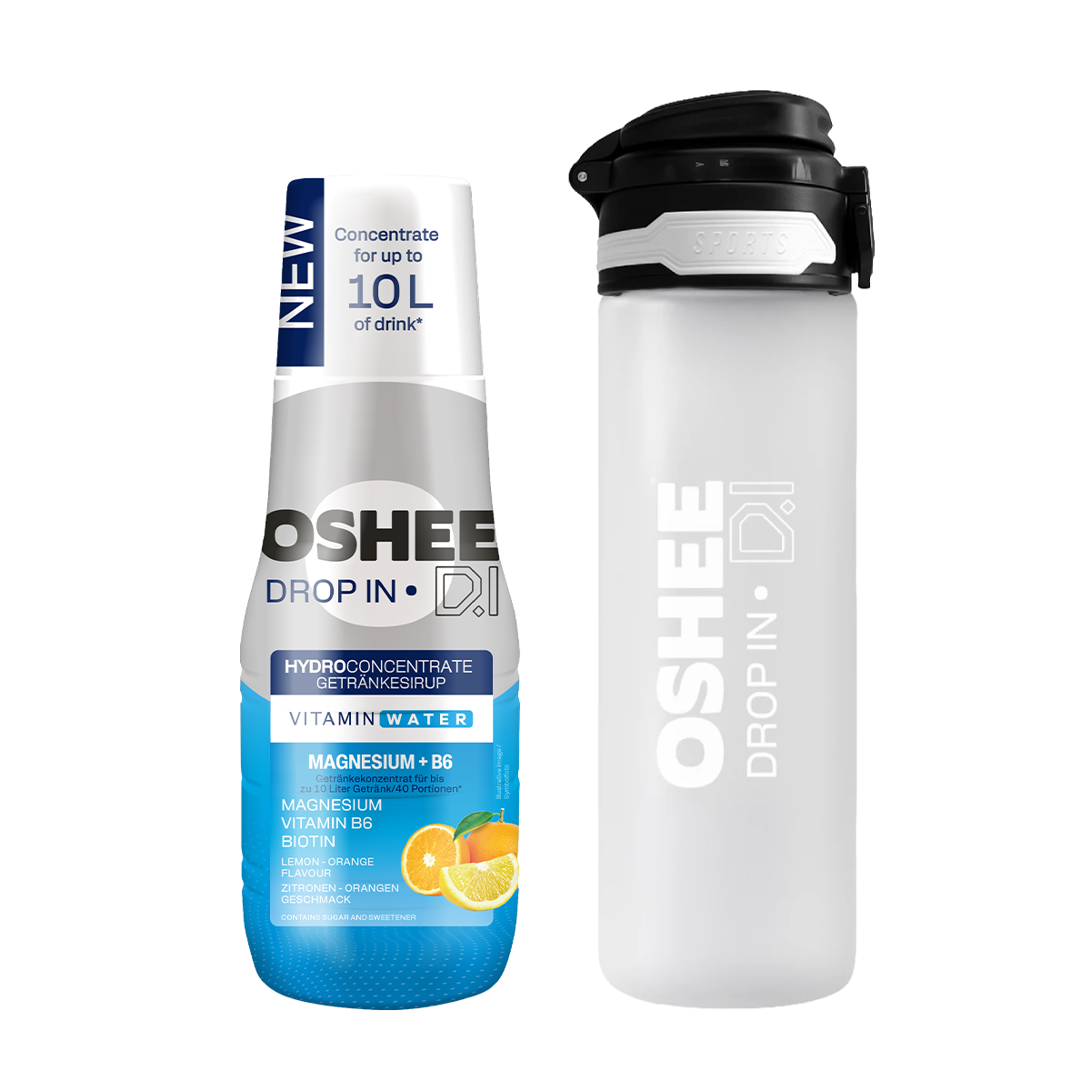 Getränkesirup OSHEE DROP IN Zitrone-Orange – Vitamine und Magnesium – 500 ml + TRANSPARENTE 650-ML-FLASCHE AUS ROBUSTEM TRITAN