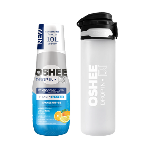 OSHEE DROP IN Lemon-Orange Drinking Syrup – Vitamins and Magnesium – 500 ml + 750 ml Tritan Plastic Drinking Bottle