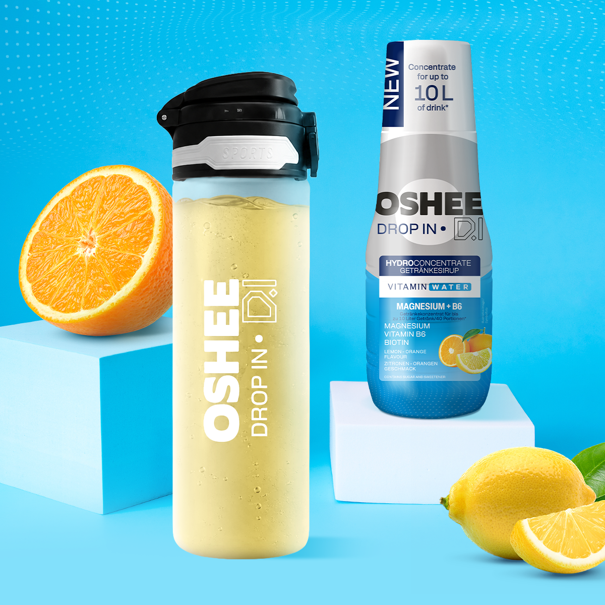OSHEE DROP IN Lemon-Orange Drinking Syrup – Vitamins and Magnesium – 500 ml + 750 ml Tritan Plastic Drinking Bottle