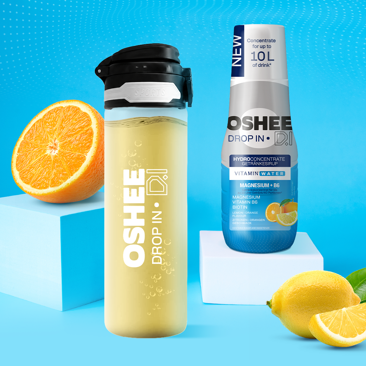 Getränkesirup OSHEE DROP IN Zitrone-Orange – Vitamine und Magnesium – 500 ml + TRANSPARENTE 650-ML-FLASCHE AUS ROBUSTEM TRITAN