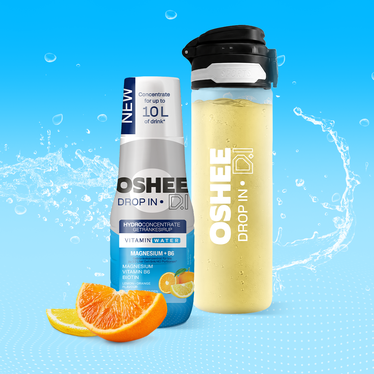 OSHEE DROP IN Lemon-Orange Drinking Syrup – Vitamins and Magnesium – 500 ml + 750 ml Tritan Plastic Drinking Bottle