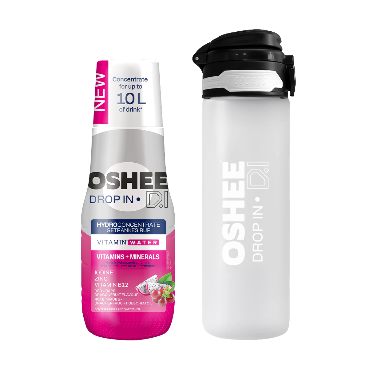 OSHEE DROP IN Beverage Syrup Red Grape Dragon Fruit – Vitamins and Minerals – 500 ml + 750 ml Tritan Plastic Drinking Bottle