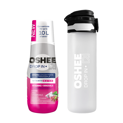 Getränkesirup OSHEE DROP IN Rote Traube-Drachenfrucht – Vitamine und Mineralstoffe – 500 ml + TRANSPARENTE 650-ML-FLASCHE AUS ROBUSTEM TRITAN