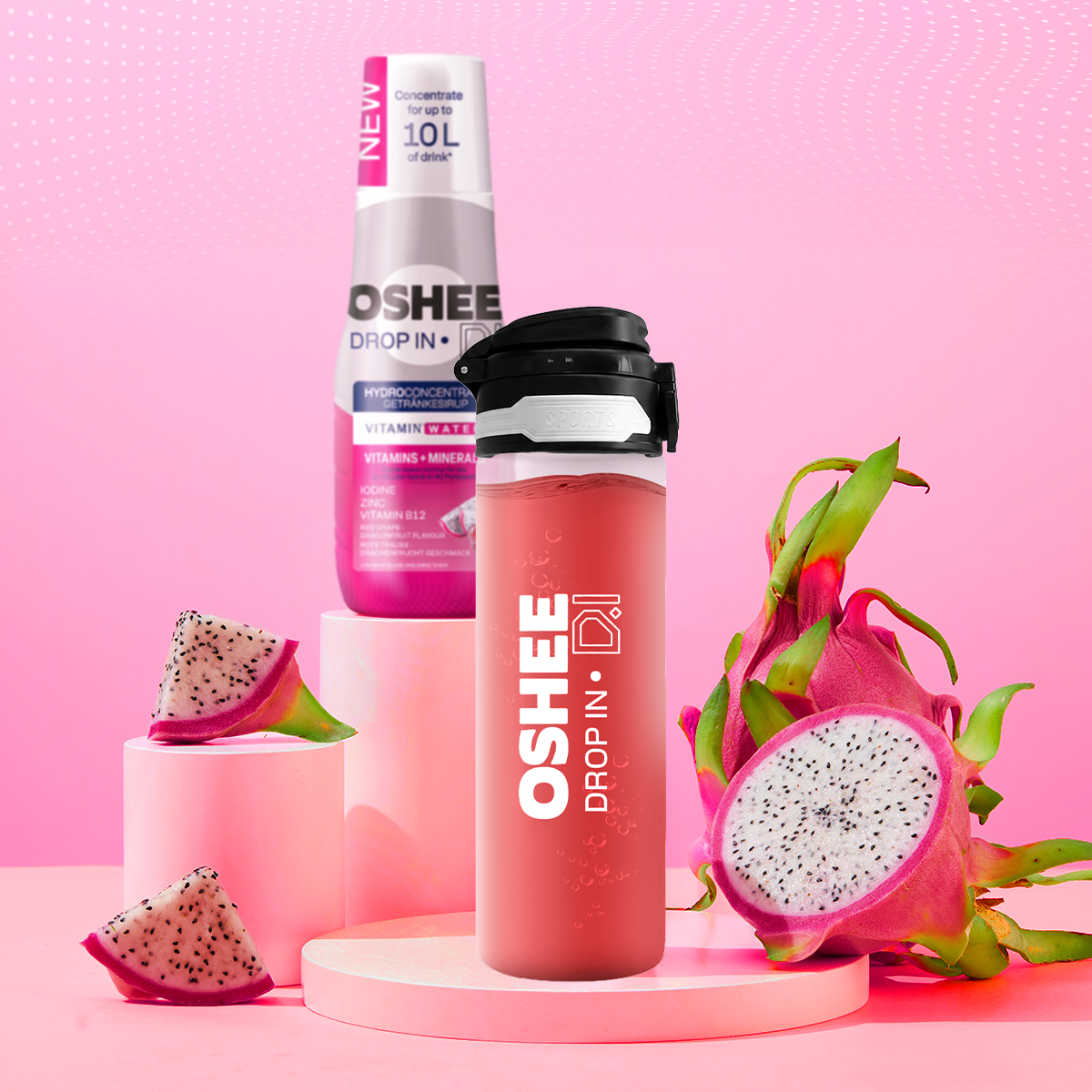 OSHEE DROP IN Beverage Syrup Red Grape Dragon Fruit – Vitamins and Minerals – 500 ml + 750 ml Tritan Plastic Drinking Bottle