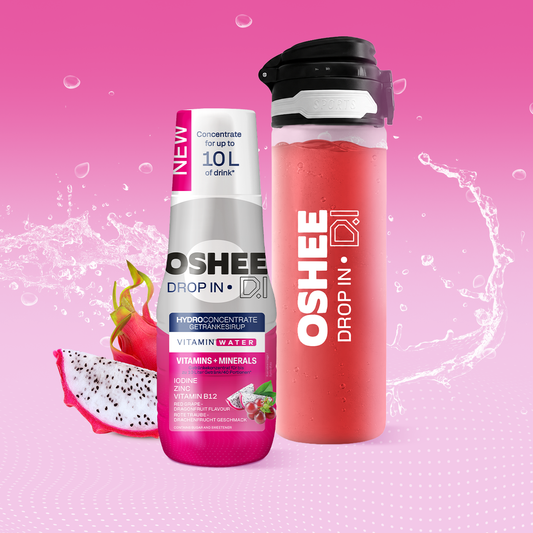 OSHEE DROP IN Beverage Syrup Red Grape Dragon Fruit – Vitamins and Minerals – 500 ml + 750 ml Tritan Plastic Drinking Bottle