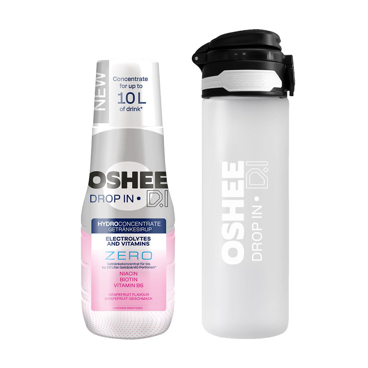 Getränkesirup OSHEE DROP IN ZERO – Grapefruit – Elektrolyte und Vitamine – 500 ml + TRANSPARENTE 650-ML-FLASCHE AUS ROBUSTEM TRITAN