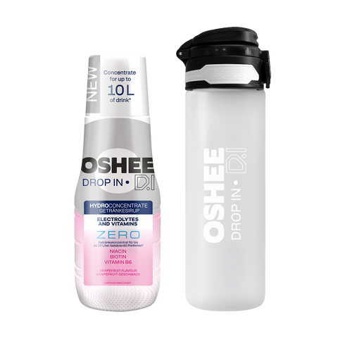 Getränkesirup OSHEE DROP IN ZERO – Grapefruit – Elektrolyte und Vitamine – 500 ml + TRANSPARENTE 650-ML-FLASCHE AUS ROBUSTEM TRITAN