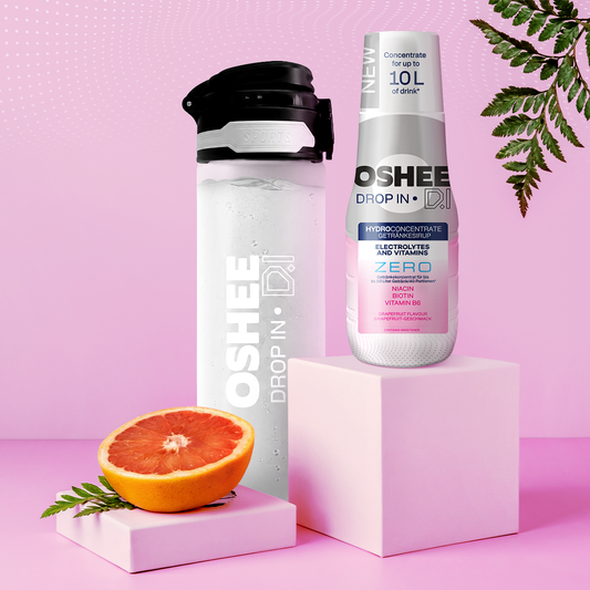 OSHEE DROP IN ZERO Drinking Syrup – Grapefruit – Electrolytes and Vitamins – 500 ml + 750 ml Tritan Plastic Drinking Bottle