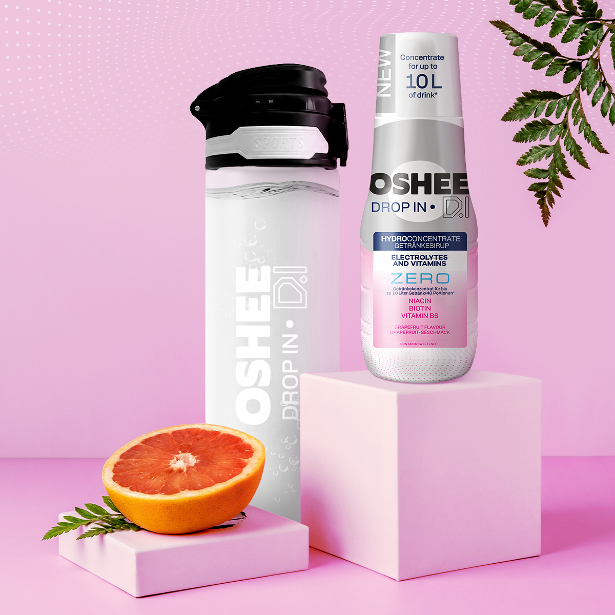 Getränkesirup OSHEE DROP IN ZERO – Grapefruit – Elektrolyte und Vitamine – 500 ml + TRANSPARENTE 650-ML-FLASCHE AUS ROBUSTEM TRITAN