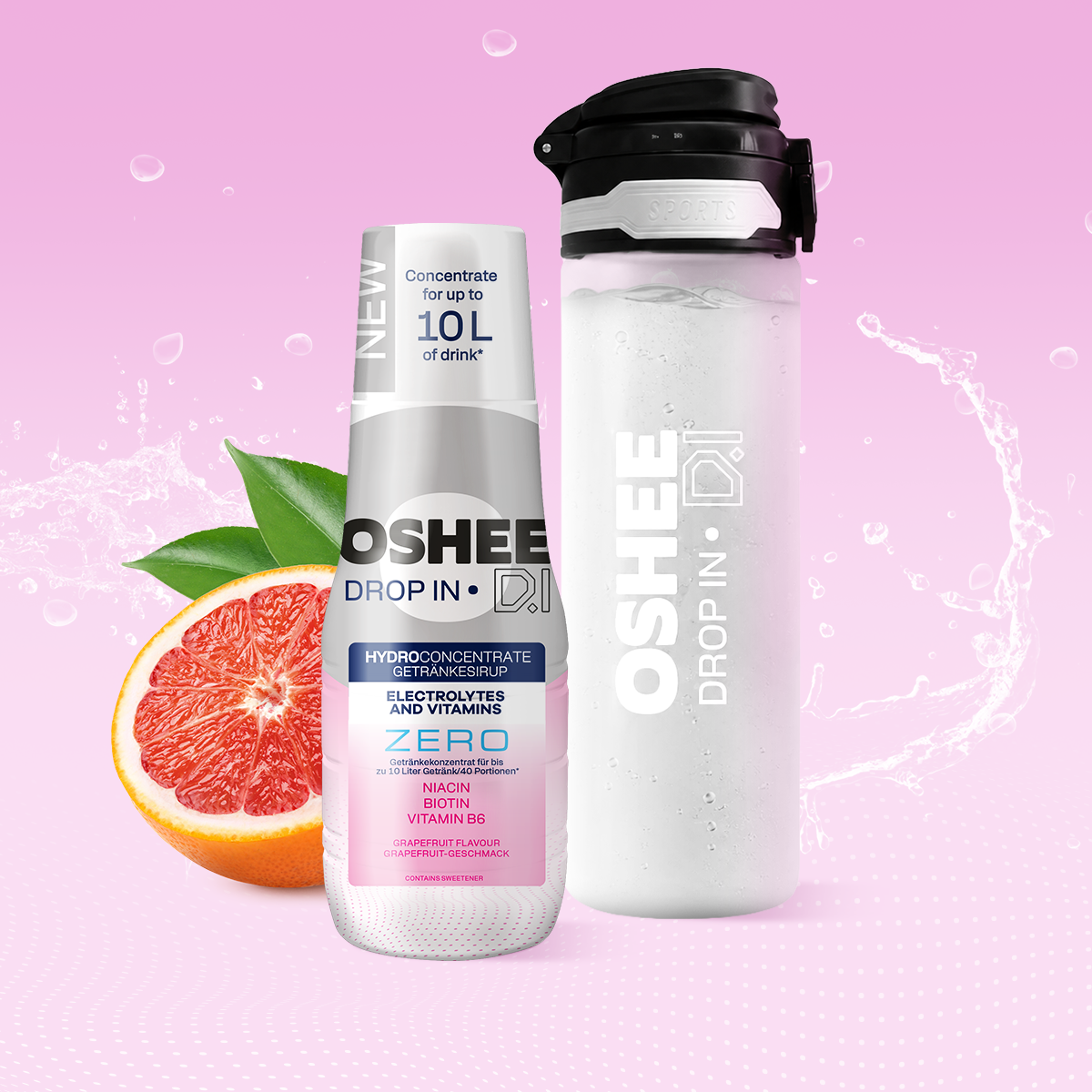 OSHEE DROP IN ZERO Drinking Syrup – Grapefruit – Electrolytes and Vitamins – 500 ml + 750 ml Tritan Plastic Drinking Bottle